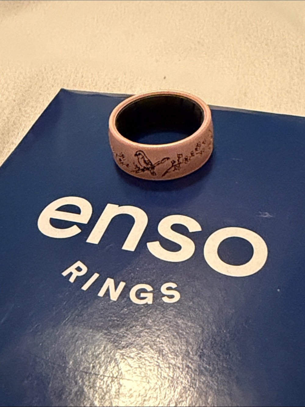 Enso Women's Rose Gold Silicone Ring with Bird and Branch Motif